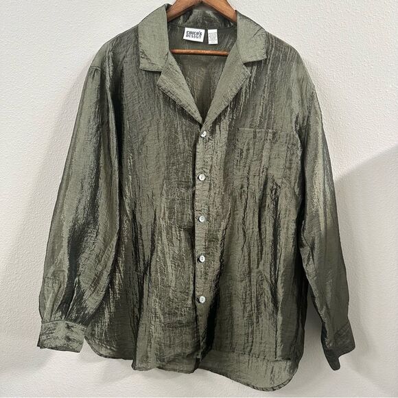 Chico's Design Vintage Silk look button up shirt Olive Green XL semi sheer - Picture 1 of 6
